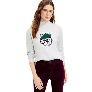 LOFT French Bulldog Mock Neck Gray Cotton-Blend Sweater Size M